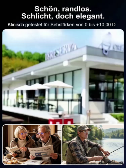 Eine rahmenlose, hochwertige Lesebrille mit diamantgeschliffenen Kanten im klassischen Design, die f
