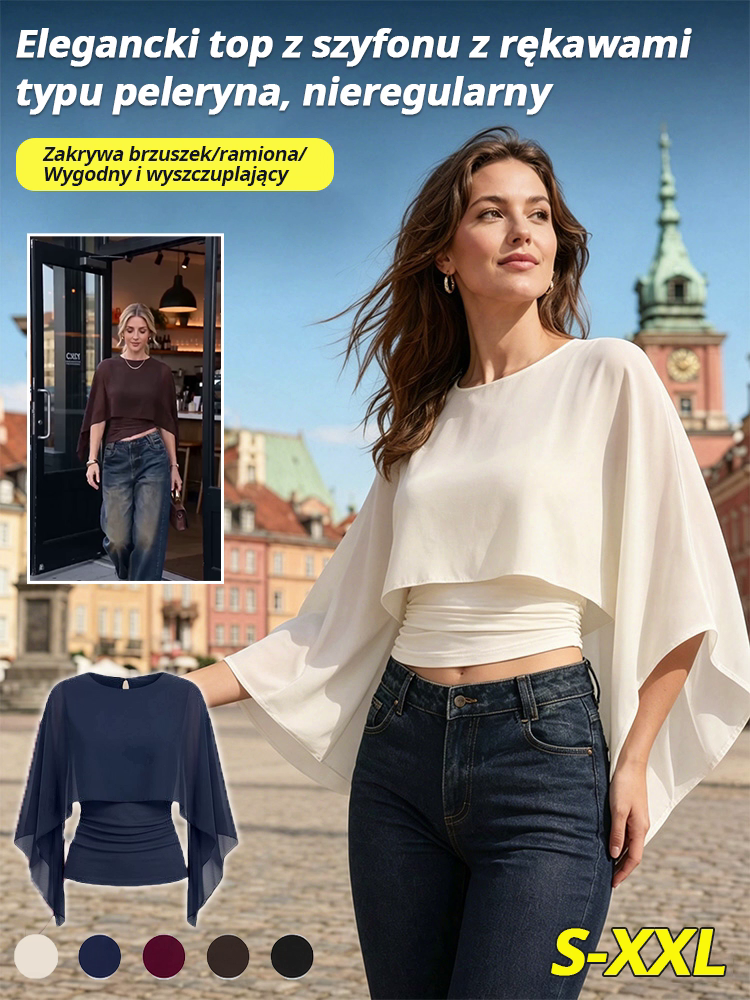 Elegancki, nieregularny top z szyfonu z peleryną
