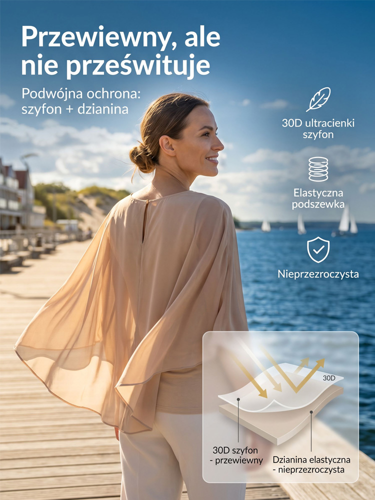 Elegancki, nieregularny top z szyfonu z peleryną