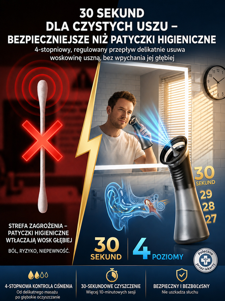 5-Otworowy Soniczny Irygator Do Uszu [Projekt USA / Testowany CE] – Bezpieczna Higiena w 30 Sekund. KONIEC z Niebezpiecznymi Patyczkami! Ostatnie Sztuki w Tej Cenie!