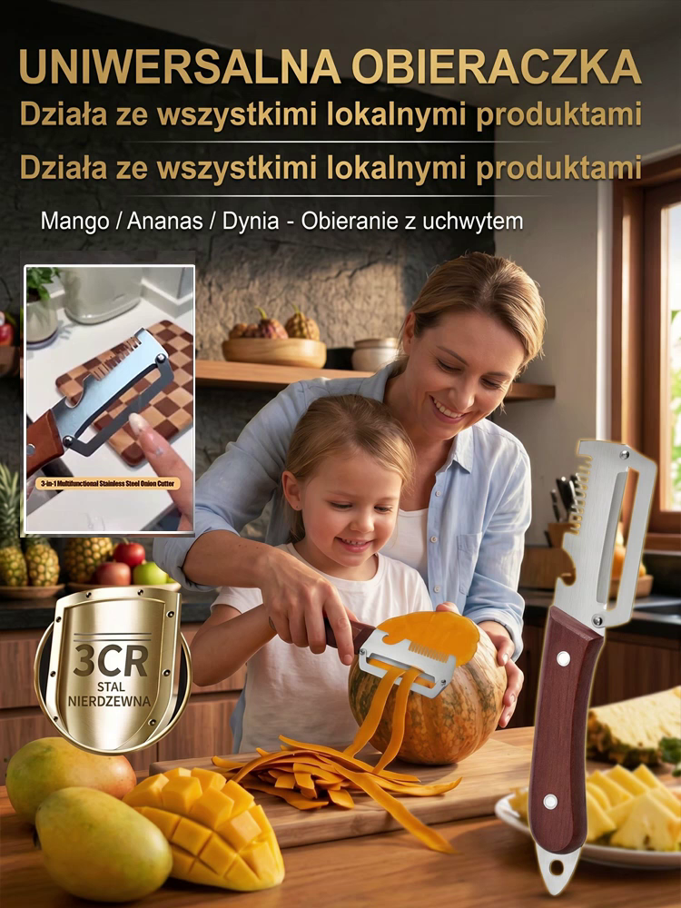UNIWERSALNA OBIERACZKA 3-W-1 ZE STALI 3CR! Błyskawiczne Krojenie, Obieranie i Otwieranie – OSTATNIE SZTUKI W PROMOCJI!