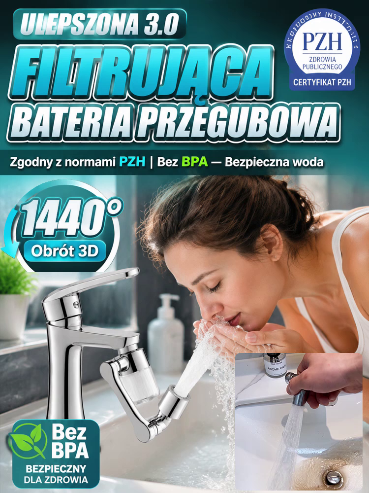 Ulepszona Bateria Przegubowa 1440° 3.0 z 3-Stopniową Filtracją Wody – Atest PZH, Bez BPA, Lity Mosiądz i Chrom – Oficjalna Wyprzedaż Magazynowa!