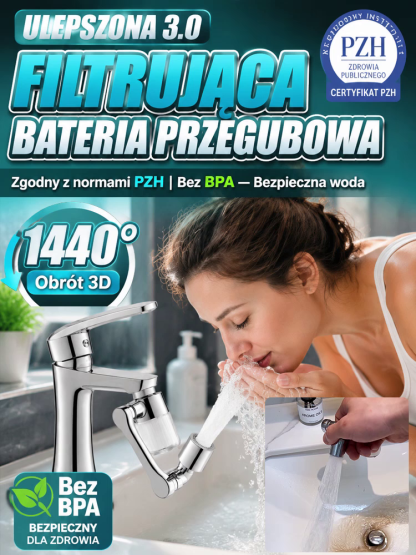 Ulepszona Bateria Przegubowa 1440° 3.0 z 3-Stopniową Filtracją Wody – Atest PZH, Bez BPA, Lity Mosiądz i Chrom – Oficjalna Wyprzedaż Magazynowa!