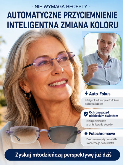 INTELIGENTNE Okulary Auto-Fokus 3w1 z Fotochromem (<30s) + Blokadą Światła Niebieskiego – Bezramkowy Design 15g [Certyfikat ISO/CE] – Wyprzedaż Specjalna!