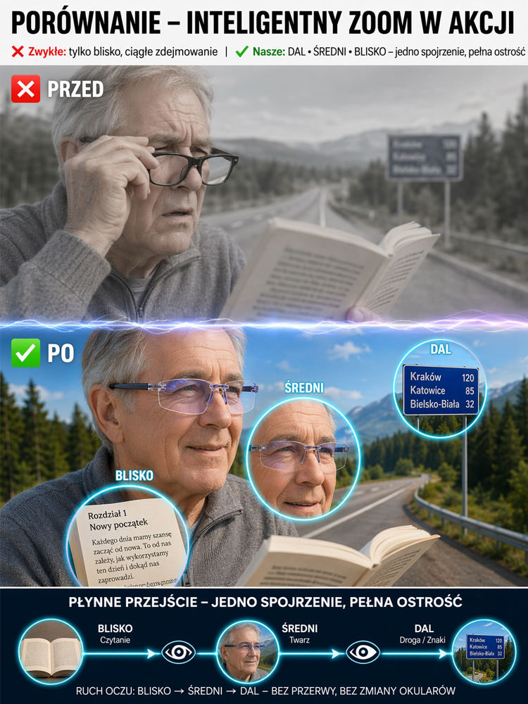 Inteligentne Okulary Progresywne 3in1 Fotochromowe z Autofokusem – Amerykańska Technologia Optyczna, (Wyprzedaż Magazynowa)