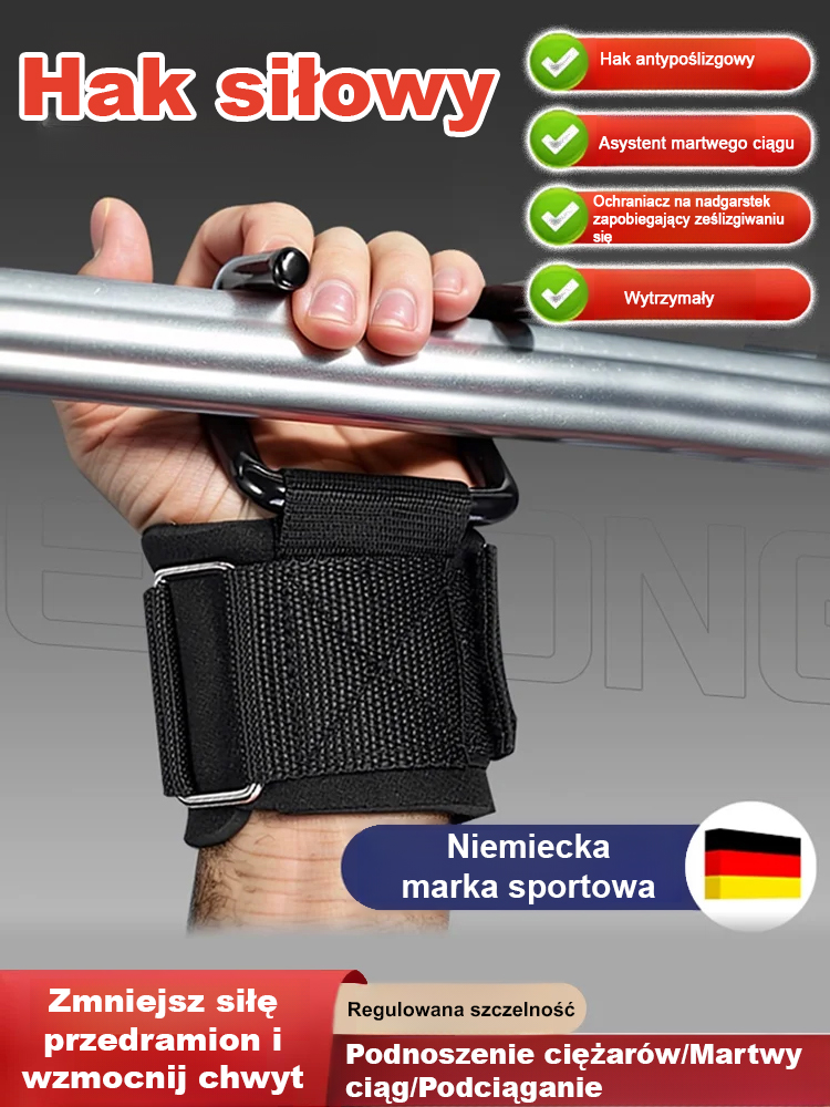 Niemieckie Haki Siłowe Premium (Stal) – Maksymalny Chwyt i Ochrona Nadgarstka. Ostatnie sztuki w cenie promocyjnej!