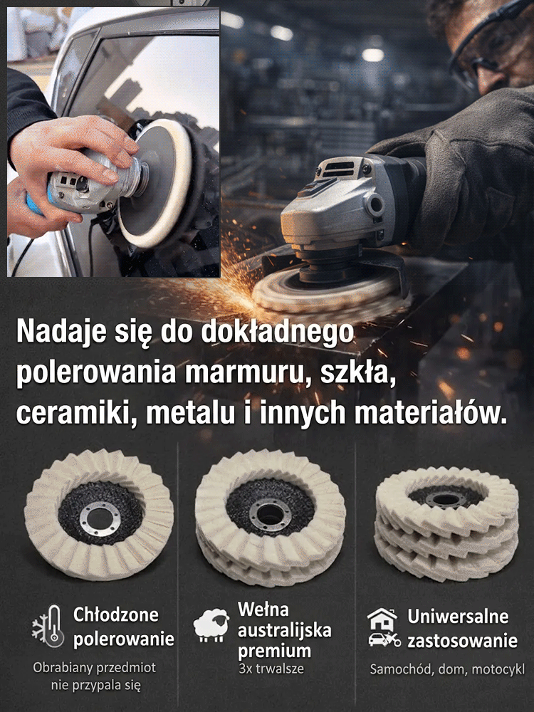 Uzyskaj lustrzany blask w kilka minut! Profesjonalne tarcze polerskie do metalu i szkła ✨🔧Tarcze filcowe 115mm. Pasują do każdej szlifierki, polerują 2x szybciej! 🚀🔨Idealne do aut, mebli i metalu – profesjonalny finisz 🏎️🪑