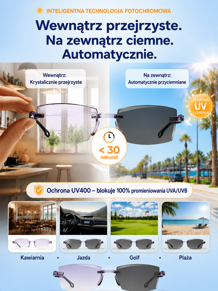 INTELIGENTNE Okulary Auto-Fokus 3w1 z Fotochromem (<30s) + Blokadą Światła Niebieskiego – Bezramkowy Design 15g [Certyfikat ISO/CE] – Wyprzedaż Specjalna!