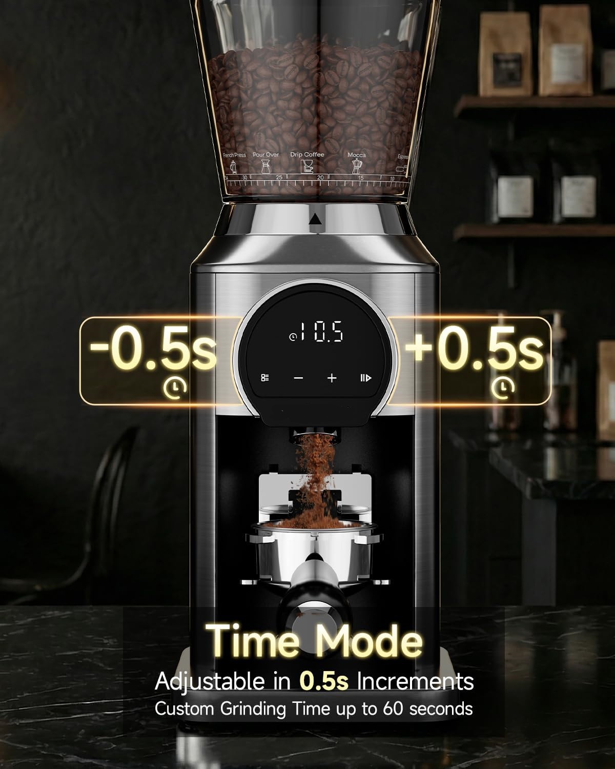 Conical Burr Coffee Grinder with 34 Grind Settings.