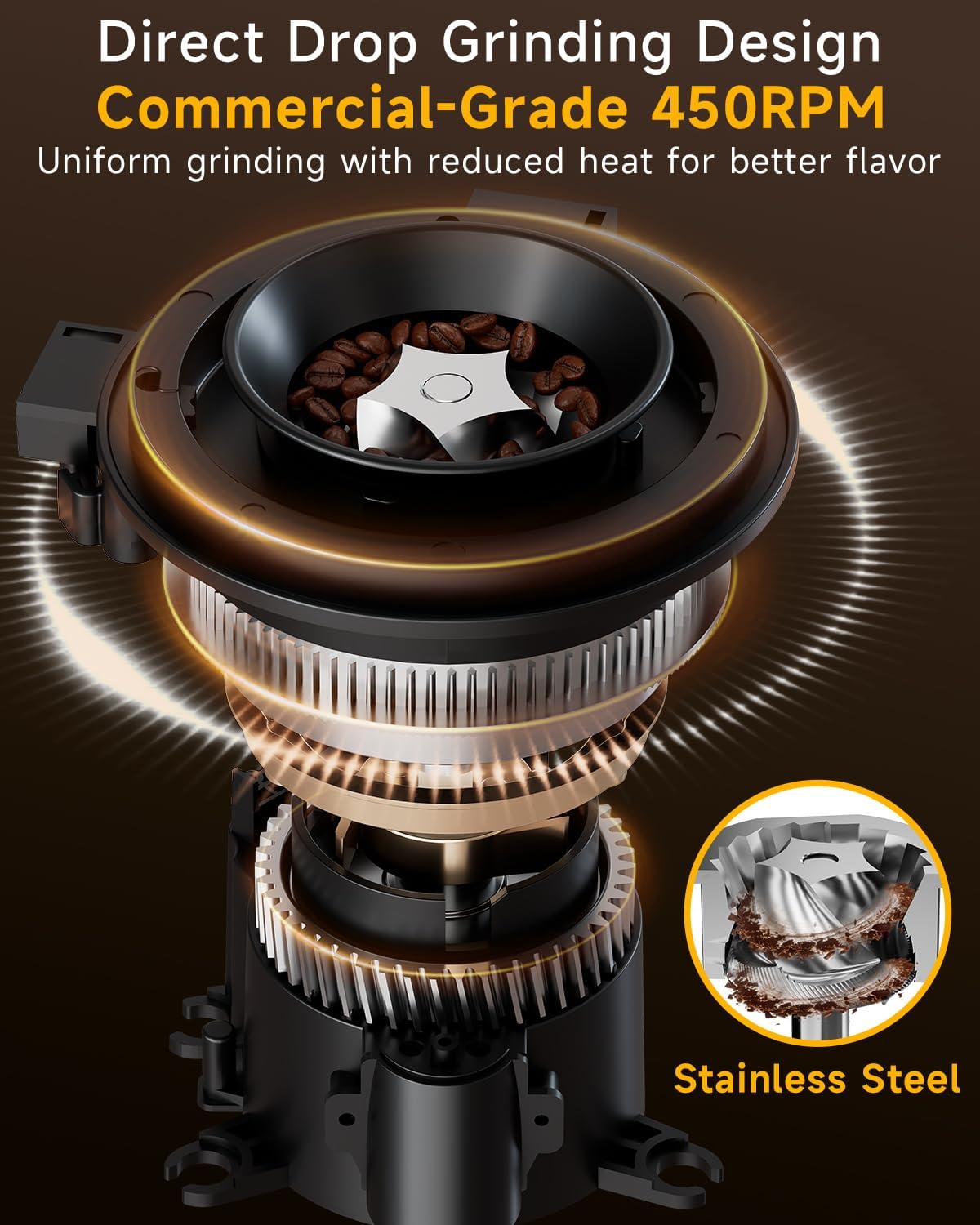 Conical Burr Coffee Grinder with 34 Grind Settings.
