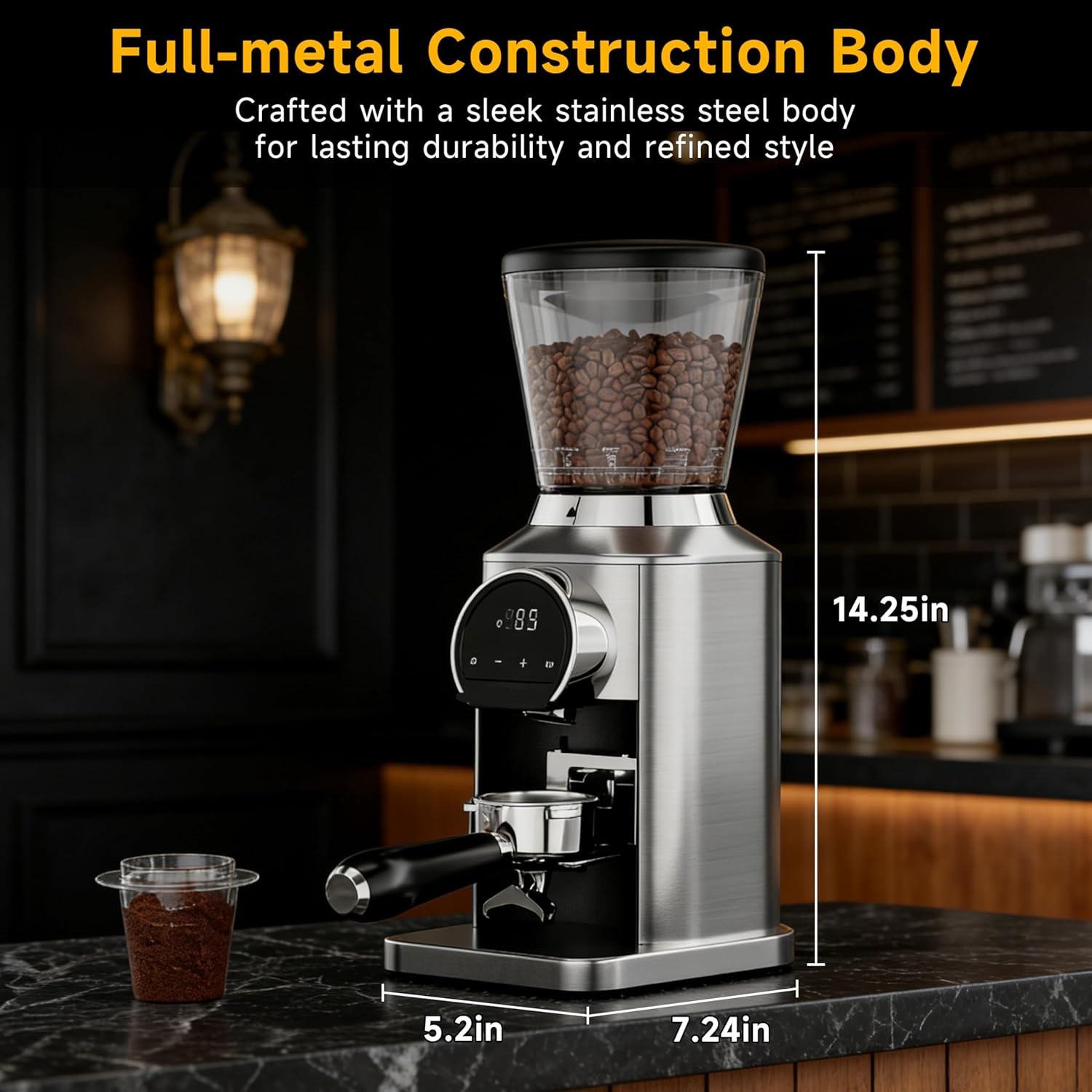 Conical Burr Coffee Grinder with 34 Grind Settings.