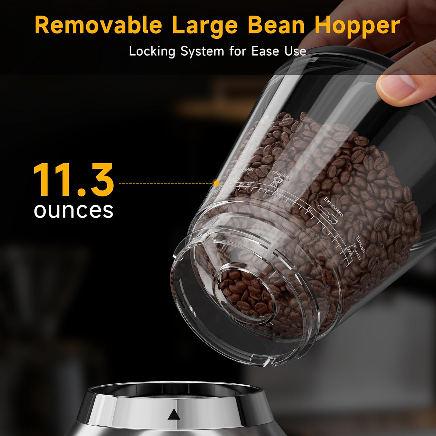 Conical Burr Coffee Grinder with 34 Grind Settings.