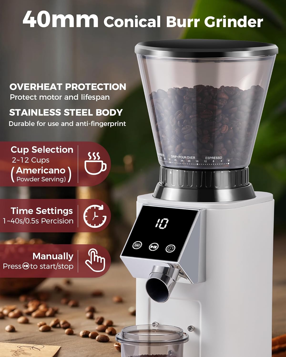 Conical Burr Coffee Grinder, 48 Grind Settings