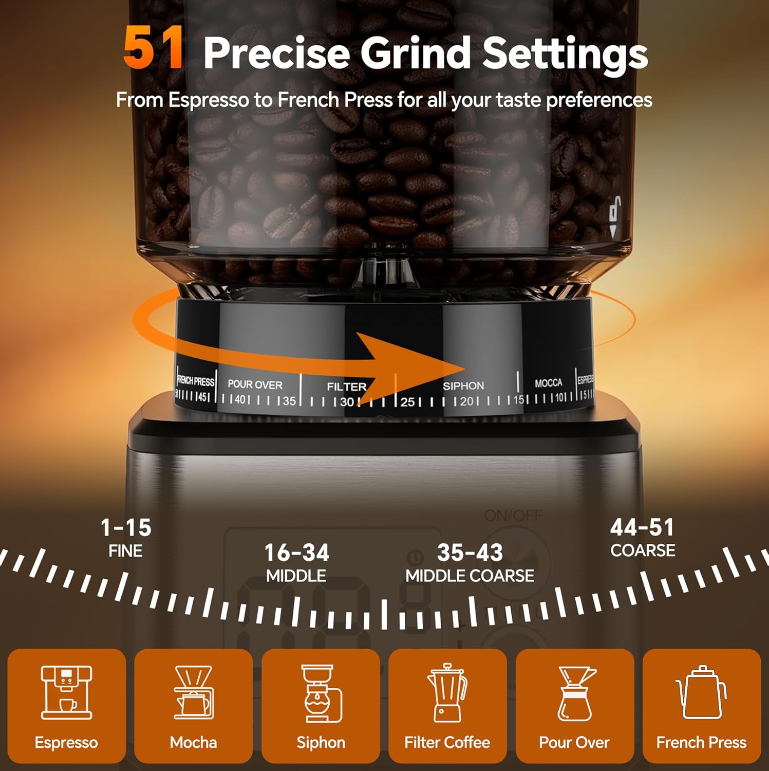 51 Precise Grind Settings Automatic Coffee Grinder