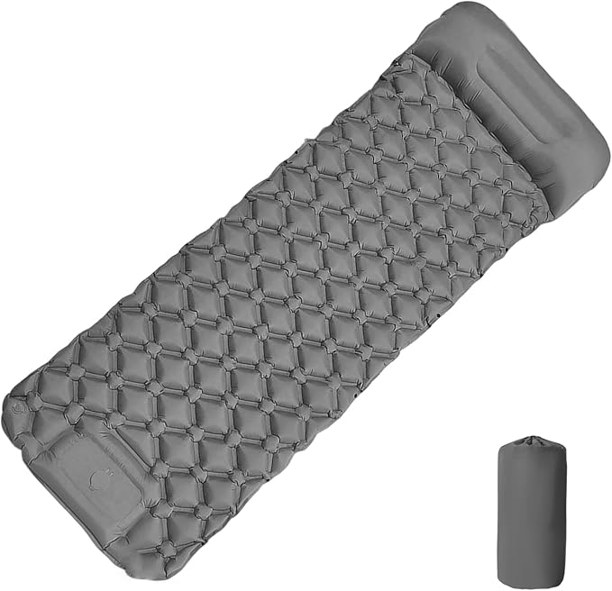  Inflatable Sleeping Pad with Built-in Pillow & Foot Pump – for Camping, Hiking & Backpacking – Single Pad with Side Buttons for Double Conversion (1, Gray)