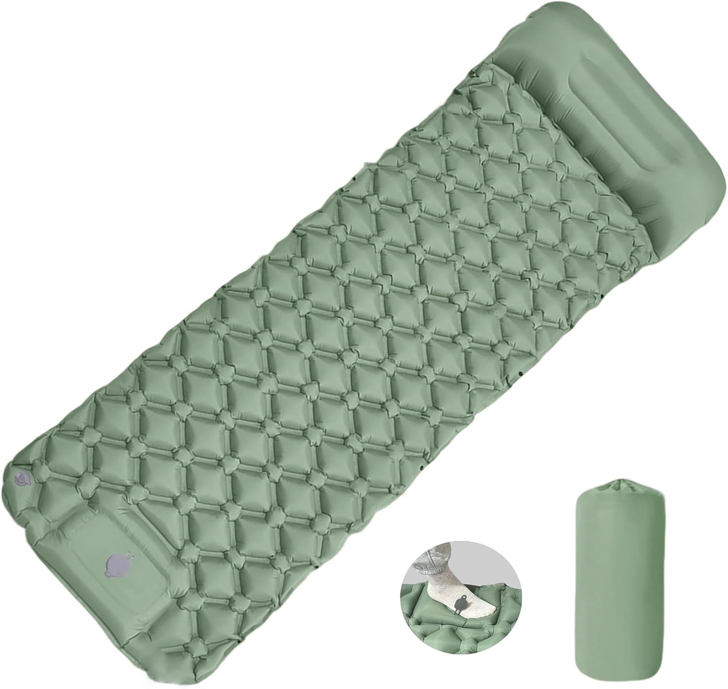  Inflatable Sleeping Pad with Built-in Pillow & Foot Pump – for Camping, Hiking & Backpacking – Single Pad with Side Buttons for Double Conversion (1, Gray)
