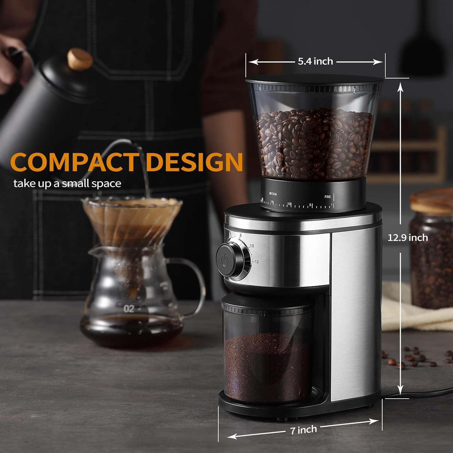Electric Conical Coffee Bean Grinder With 30 Adjustable Grind Settings 