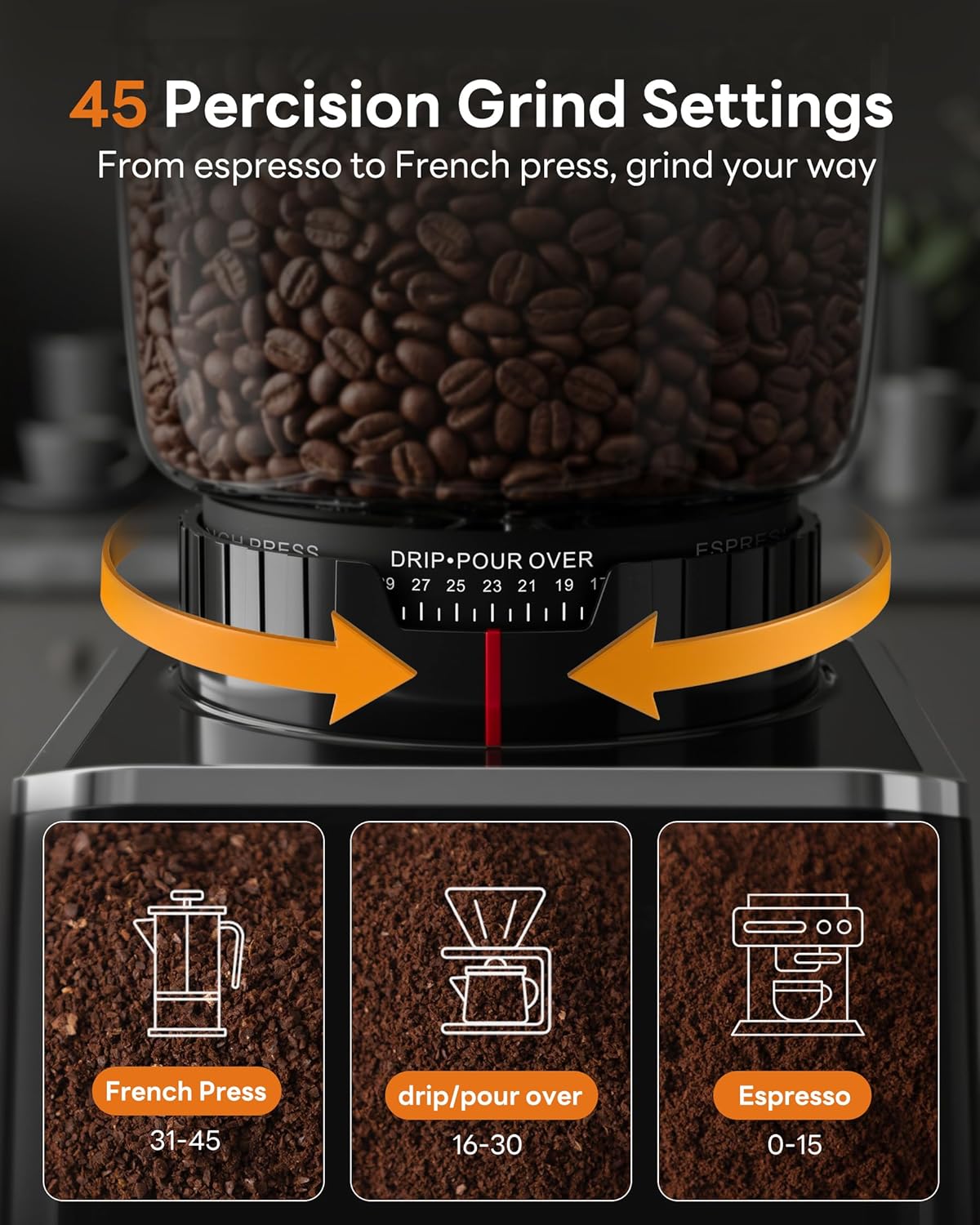Burr Coffee Grinder with 45 Grind Settings, Stainless Steel.