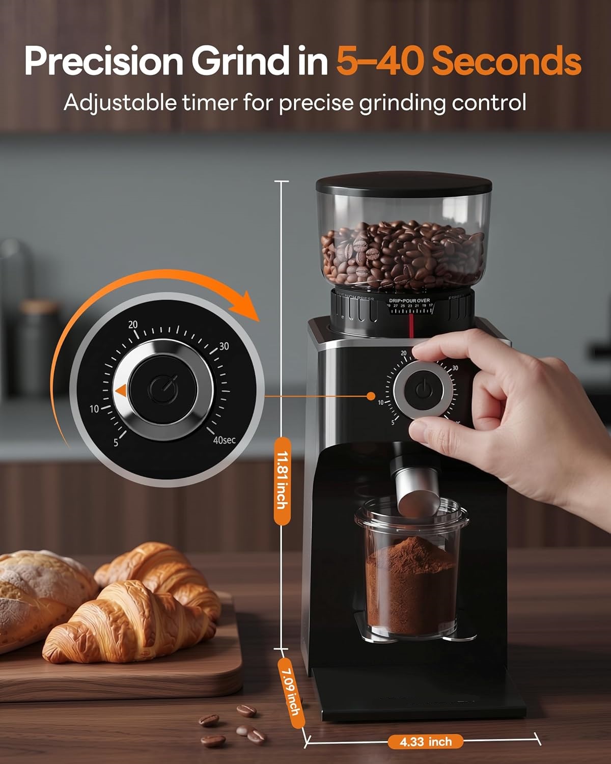 Burr Coffee Grinder with 45 Grind Settings, Stainless Steel.