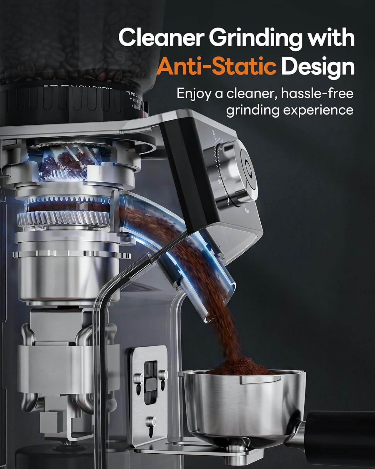 Burr Coffee Grinder with 45 Grind Settings, Stainless Steel.