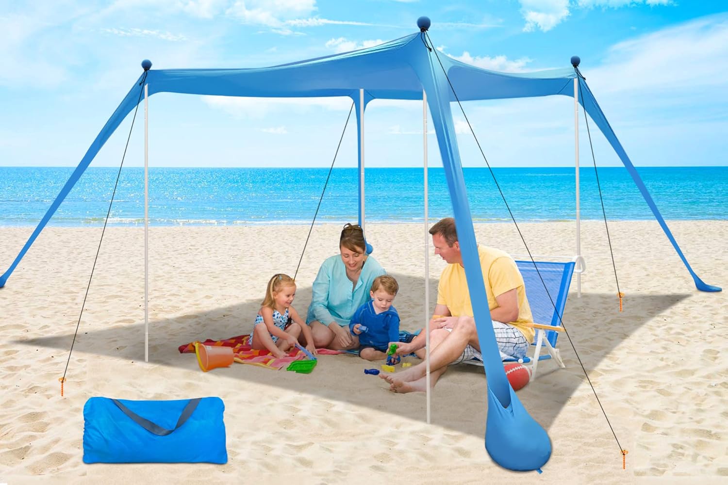 Beach Canopy Beach Tent UPF50+ 11x11 FT Easy to Setup Extra Windproof Rope Sun Shelter Beach Shade Canopy with 4 Stability Poles Outdoor Shade for Beach Camping Family