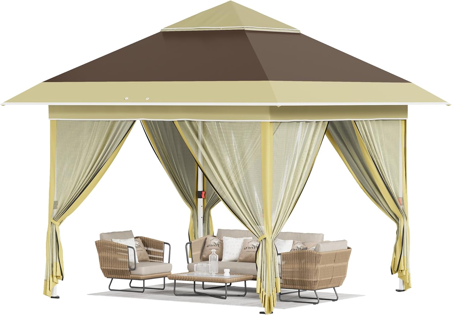 12x12 Pop Up Gazebo Canopy Tent with Double Roof – Instant Shelter for Backyard, Garden, Party, Patio, Lawn – Portable Vented Outdoor Shade (Brown)