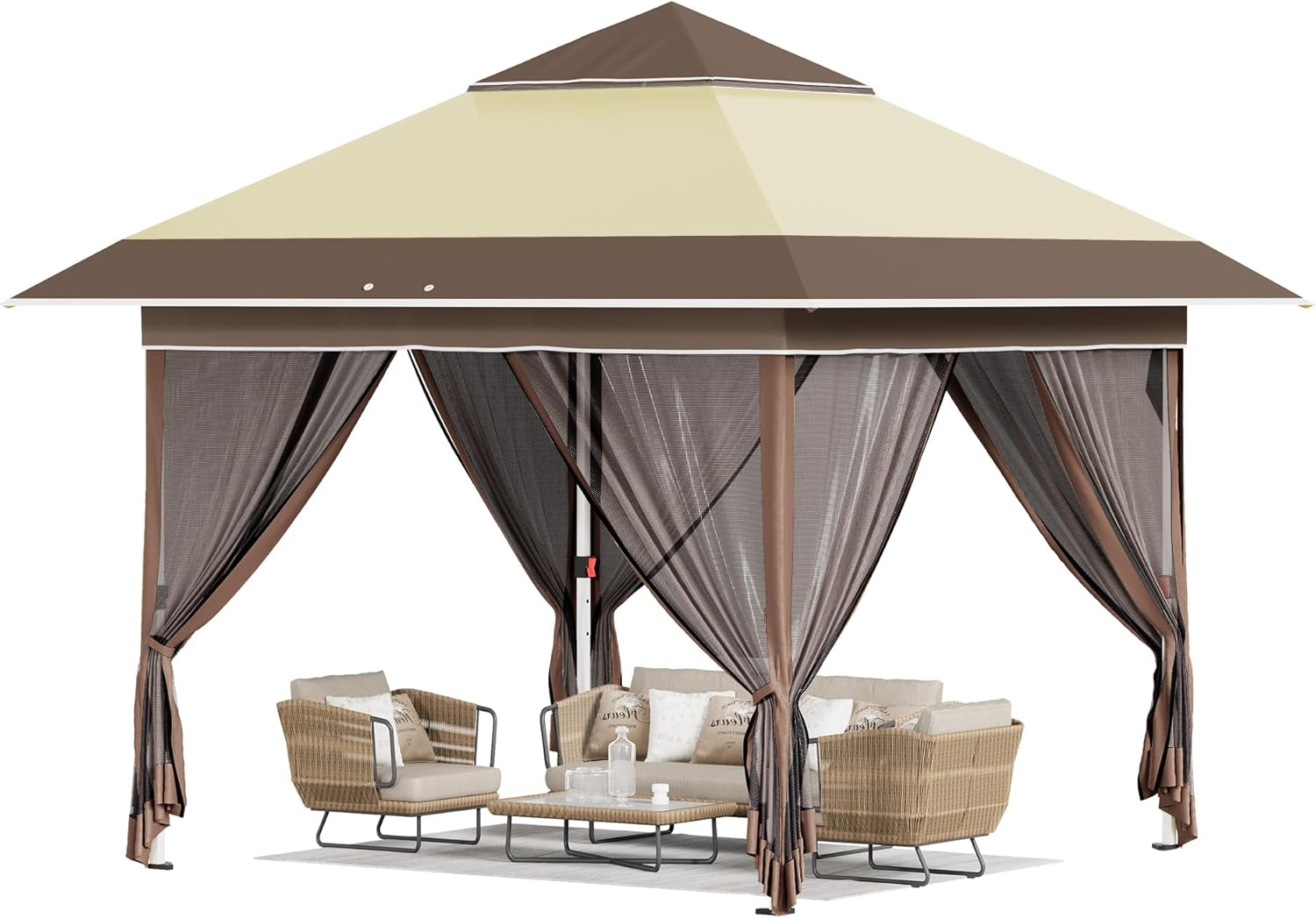 12x12 Pop Up Gazebo Canopy Tent with Double Roof – Instant Shelter for Backyard, Garden, Party, Patio, Lawn – Portable Vented Outdoor Shade (Brown)