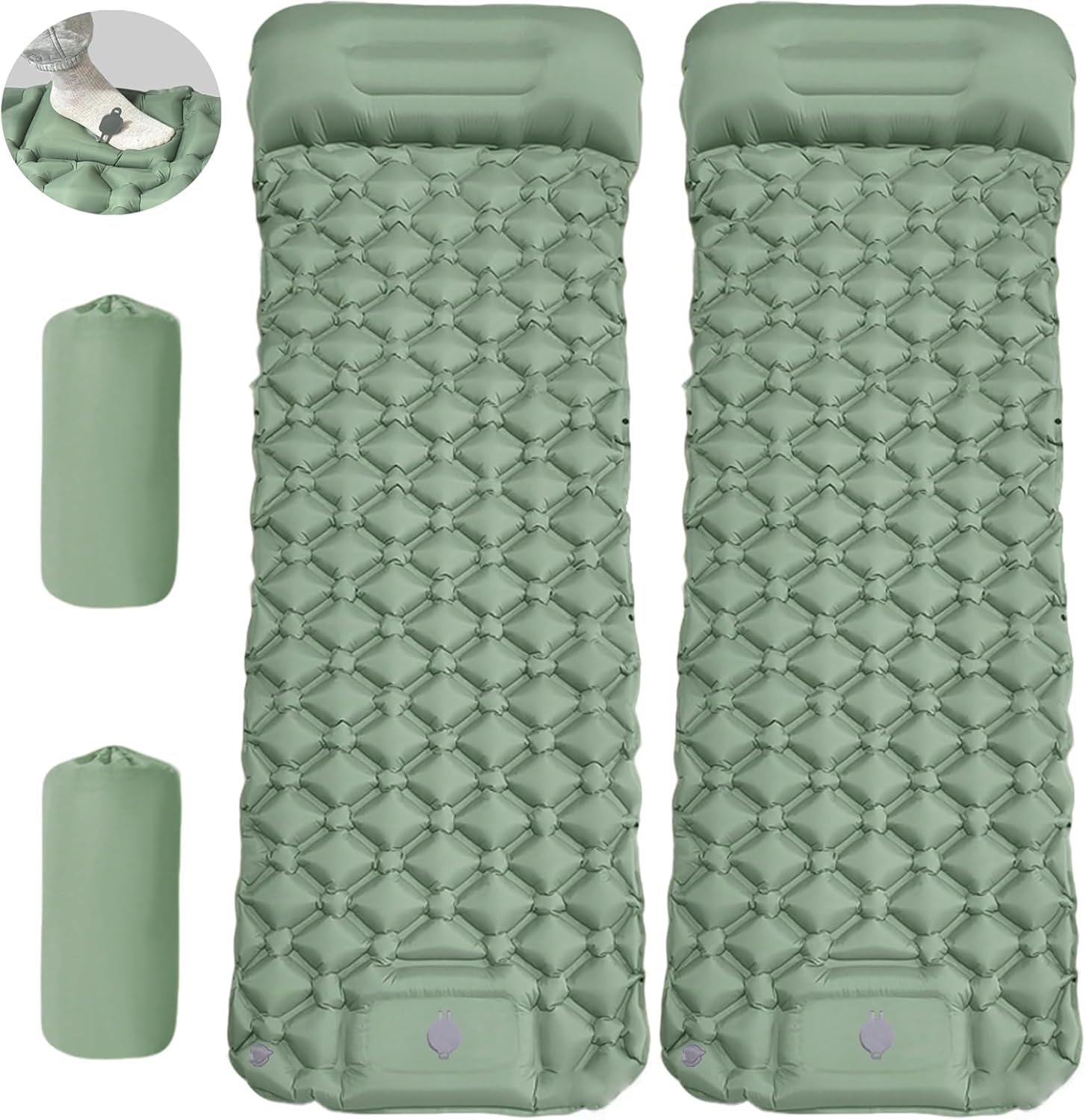  Inflatable Sleeping Pad with Built-in Pillow & Foot Pump – for Camping, Hiking & Backpacking – Single Pad with Side Buttons for Double Conversion (1, Gray)