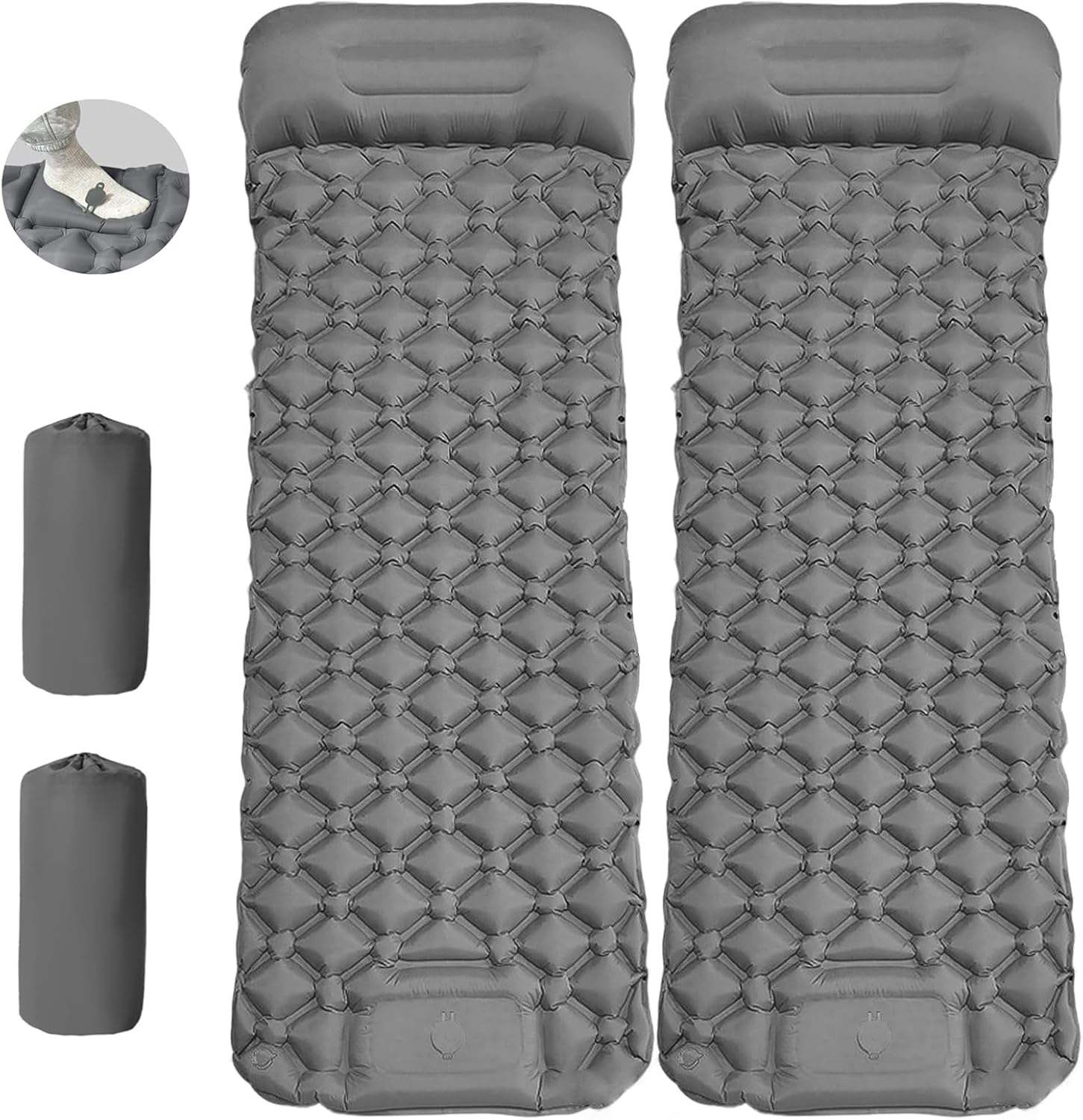  Inflatable Sleeping Pad with Built-in Pillow & Foot Pump – for Camping, Hiking & Backpacking – Single Pad with Side Buttons for Double Conversion (1, Gray)
