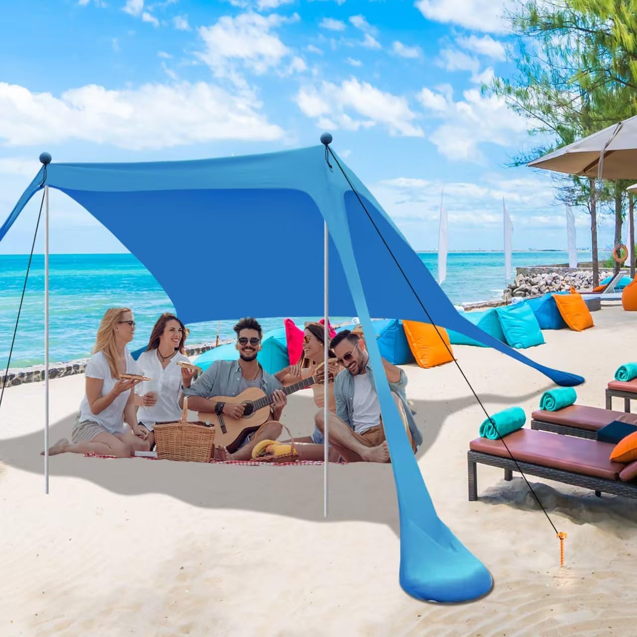 Beach Canopy Beach Tent UPF50+ 11x11 FT Easy to Setup Extra Windproof Rope Sun Shelter Beach Shade Canopy with 4 Stability Poles Outdoor Shade for Beach Camping Family