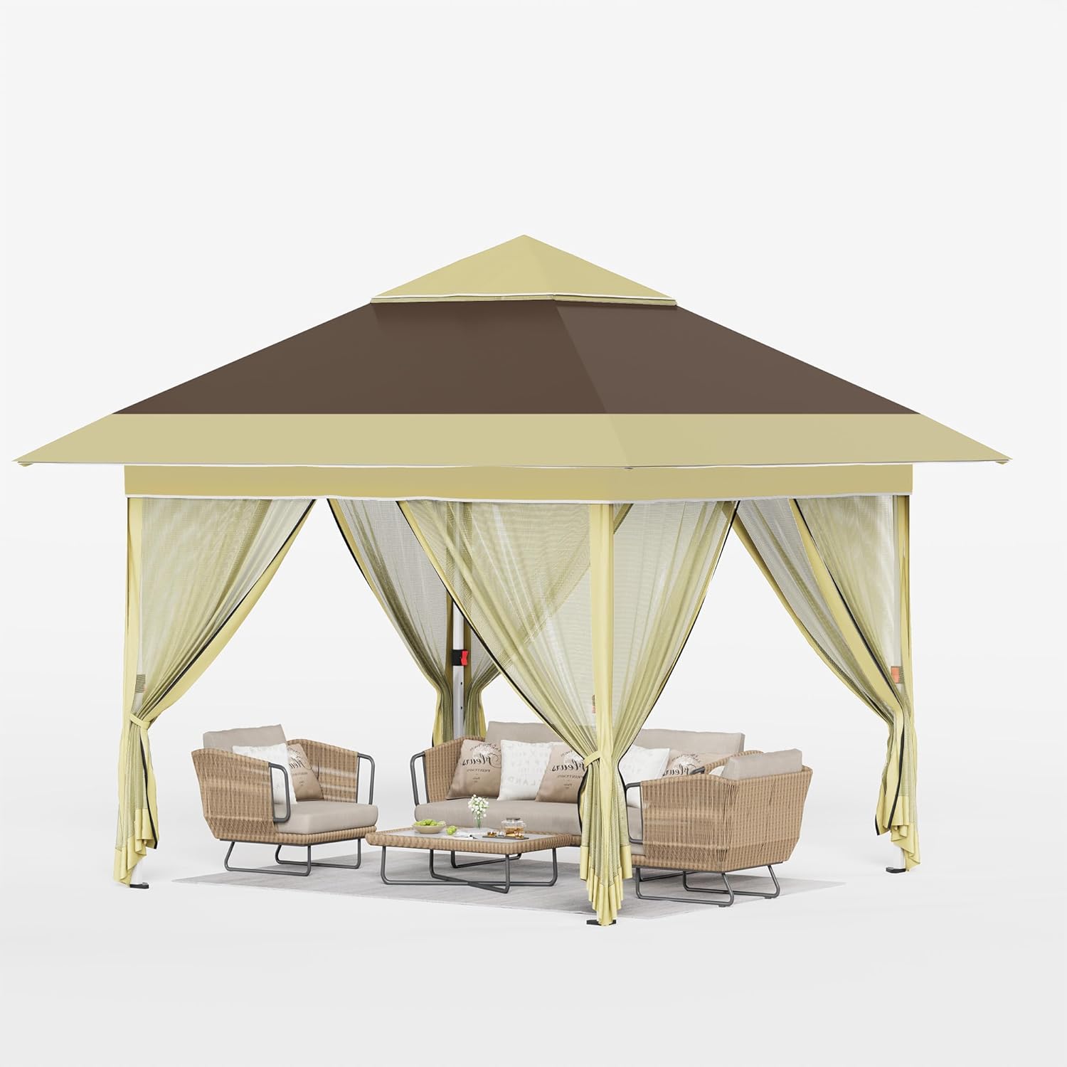 12x12 Pop Up Gazebo Canopy Tent with Double Roof – Instant Shelter for Backyard, Garden, Party, Patio, Lawn – Portable Vented Outdoor Shade (Brown)