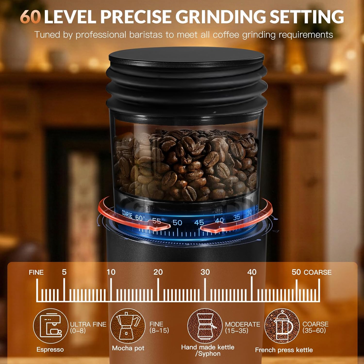 Stainless Steel Conical Burr Coffee Bean Grinder with Air Blower, 60 Grind Settings.