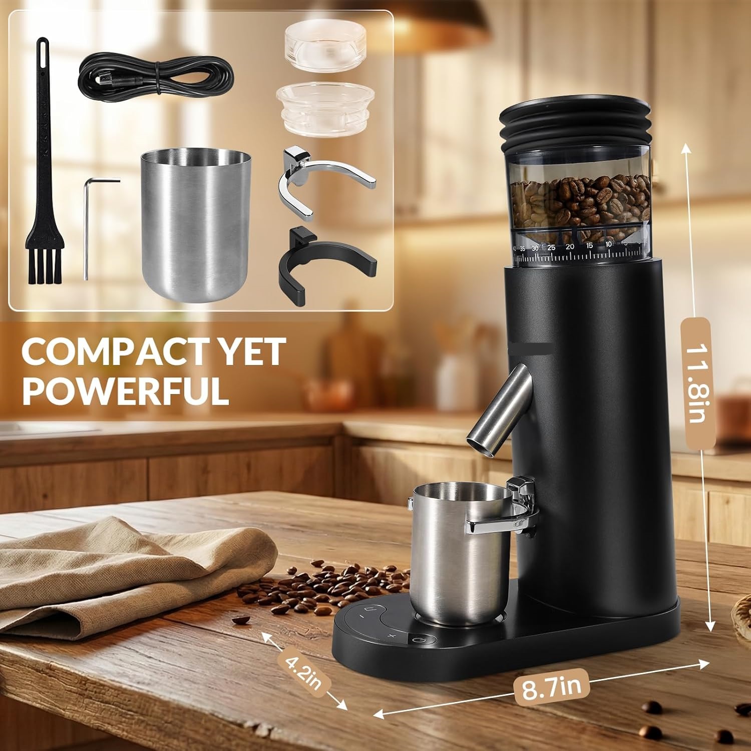 Stainless Steel Conical Burr Coffee Bean Grinder with Air Blower, 60 Grind Settings.