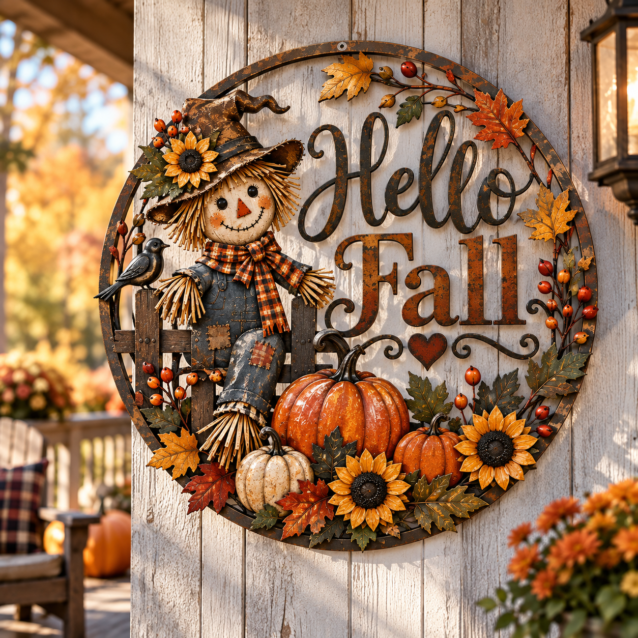 Hello Fall Scarecrow Metal Wall Decor