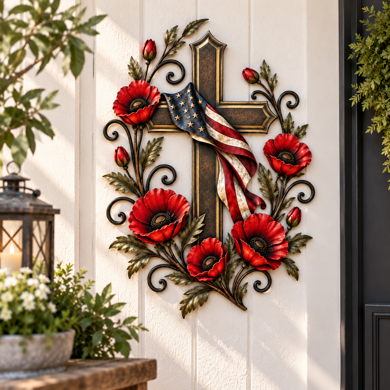 American Flag Cross & Red Poppy Metal Wall Decor