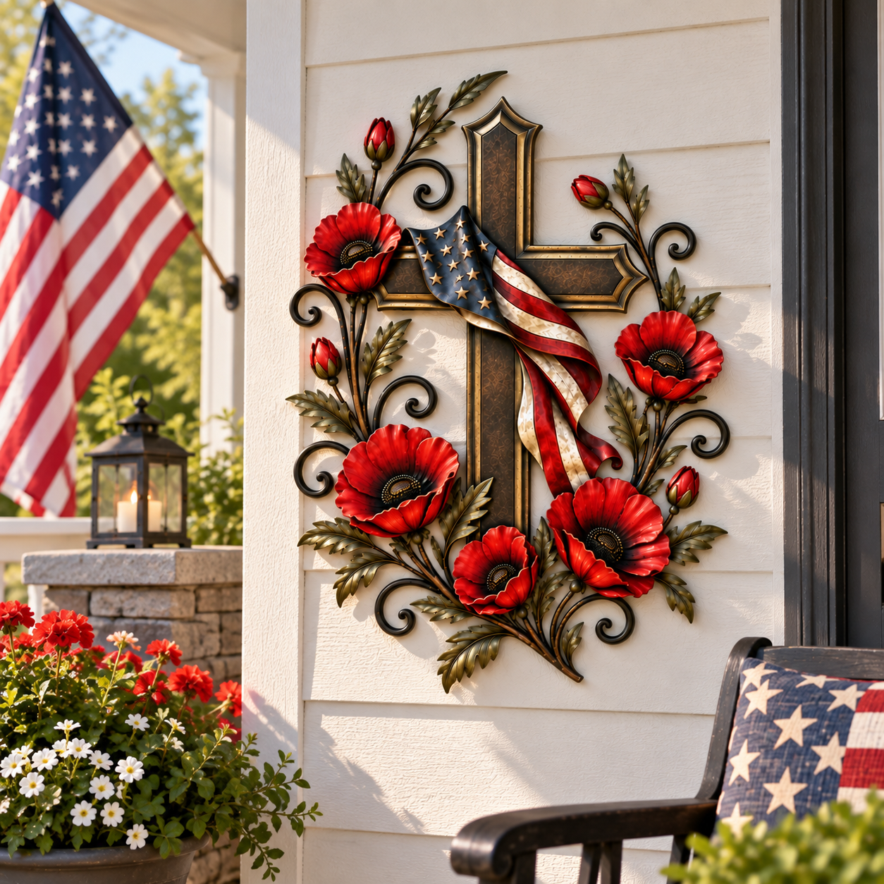American Flag Cross & Red Poppy Metal Wall Decor
