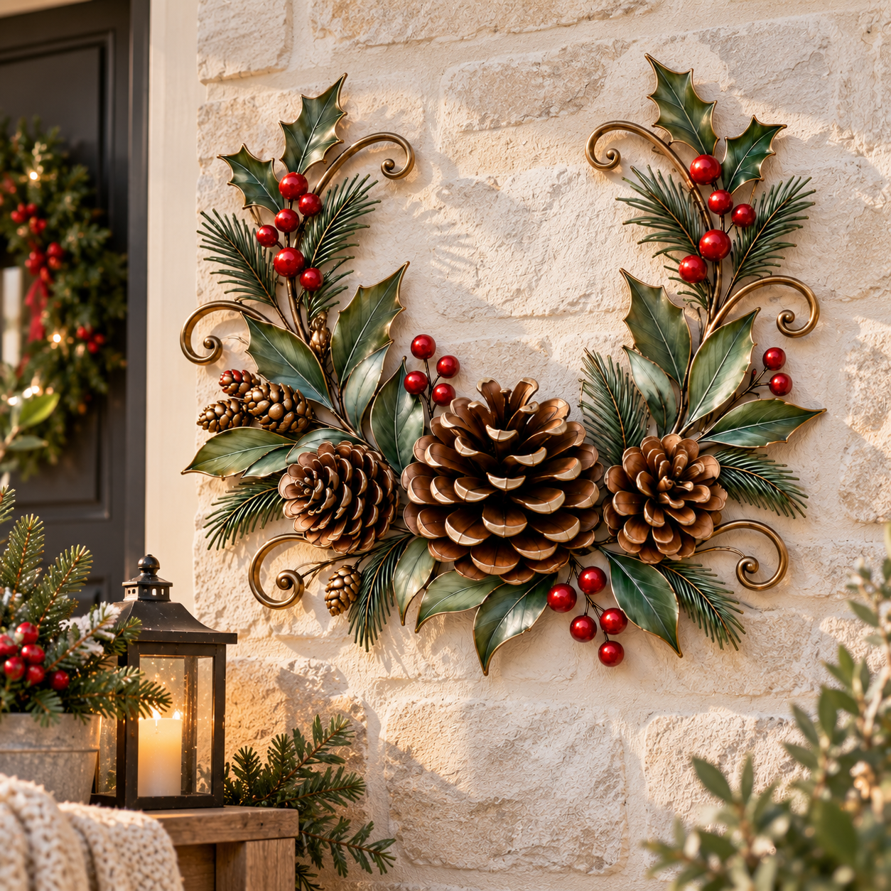 Christmas Pinecone Holly Metal Wall Decor