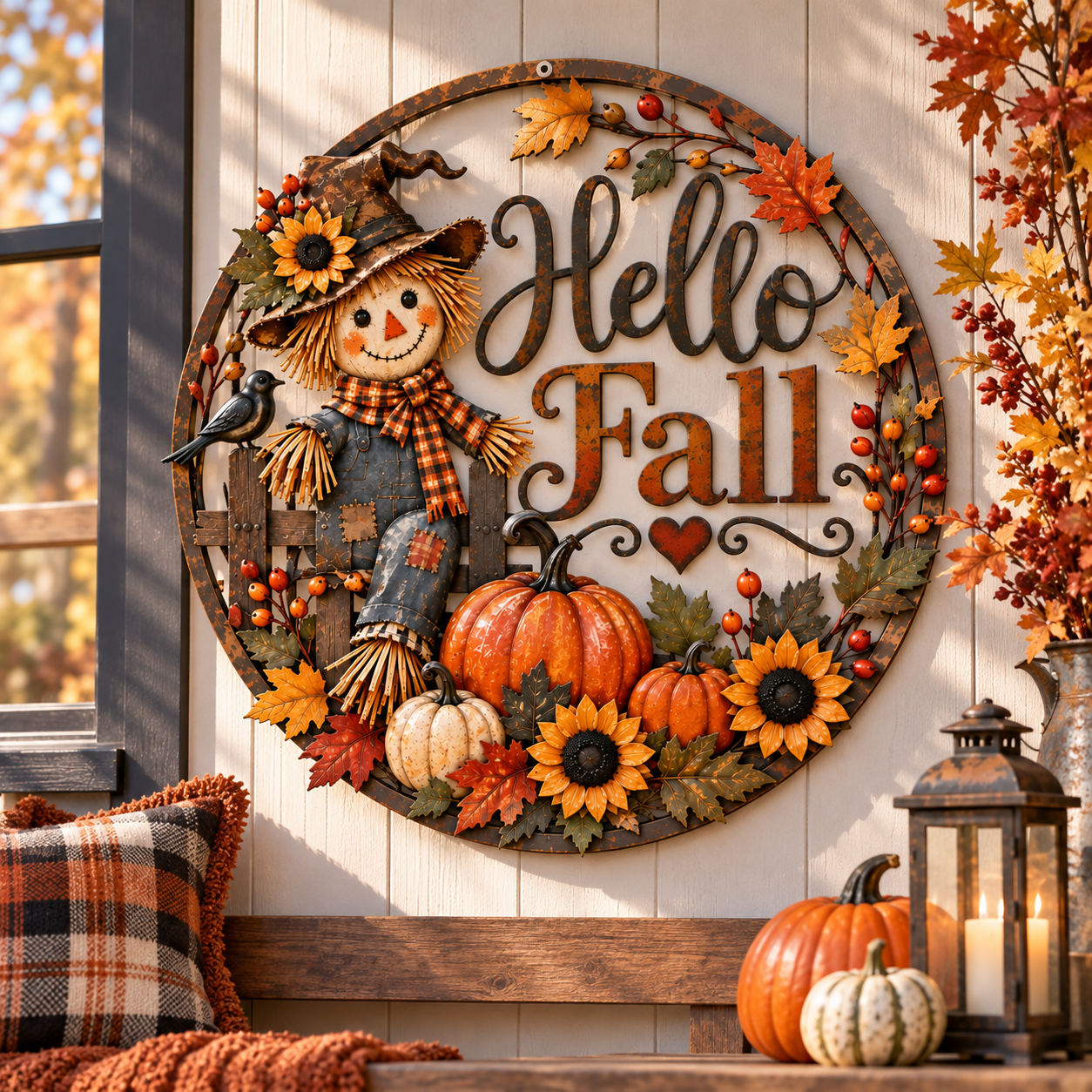 Hello Fall Scarecrow Metal Wall Decor