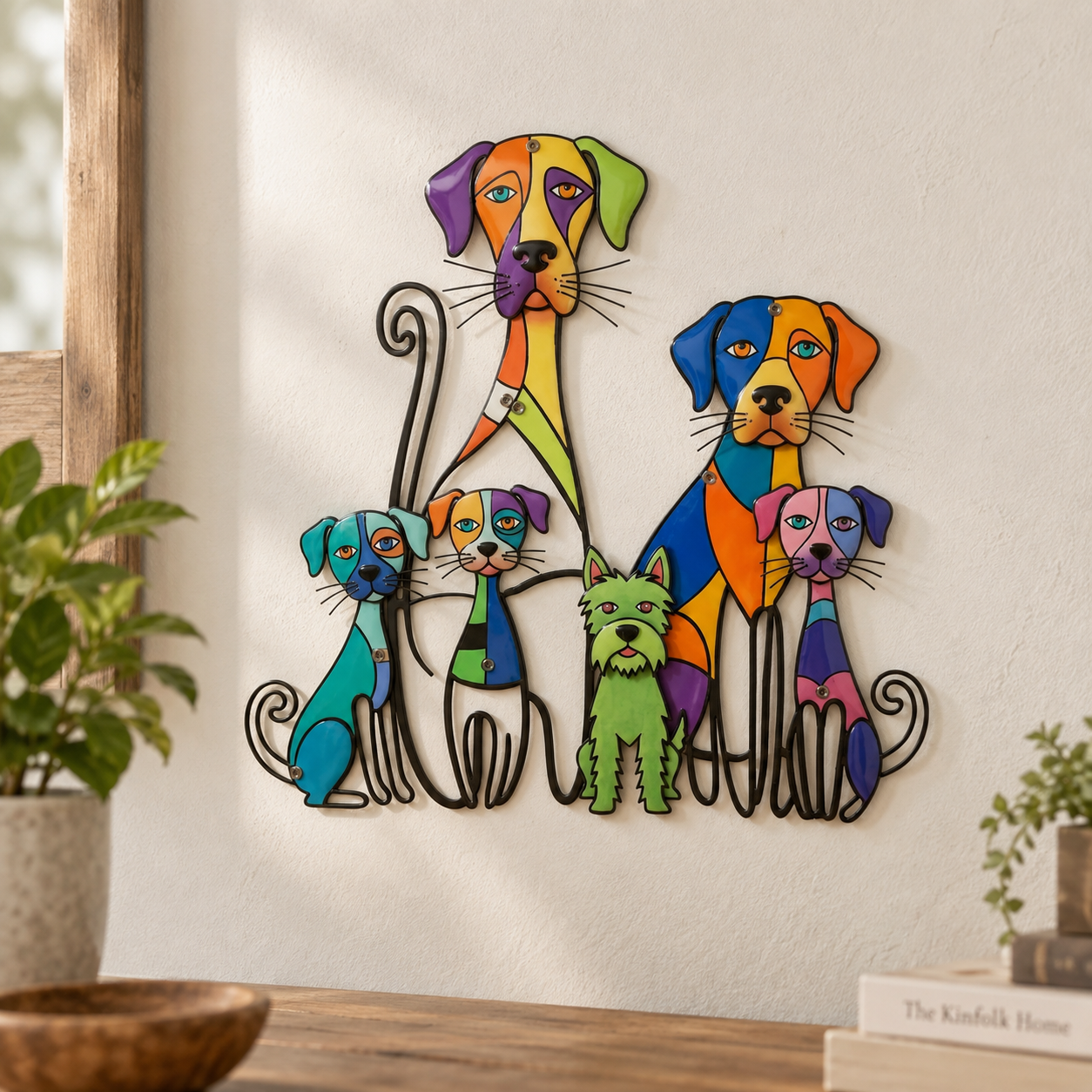 Colorful dog family metal wall decor in a warm modern home