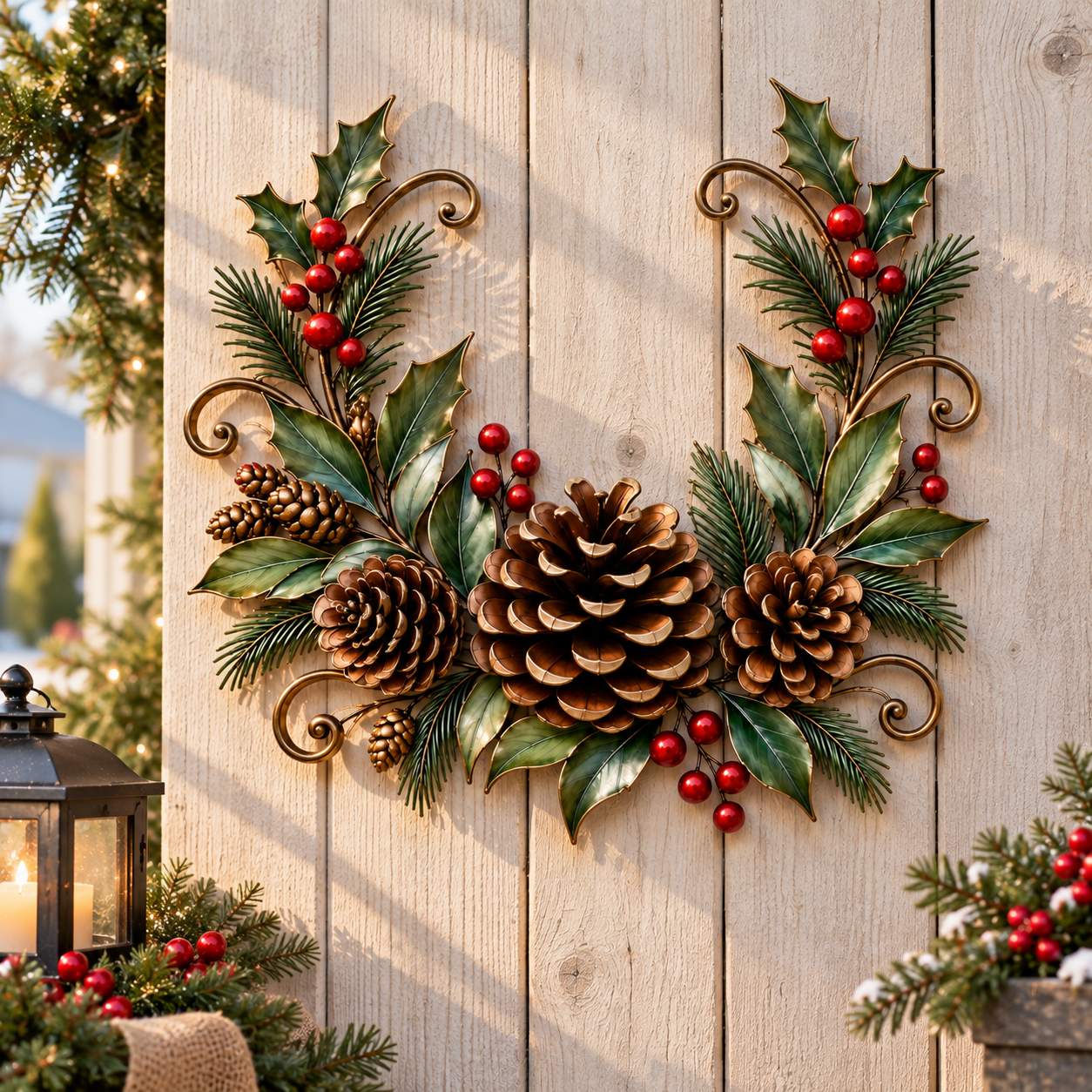 Christmas Pinecone Holly Metal Wall Decor
