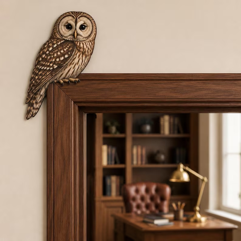 Wooden owl topper displayed on a corner