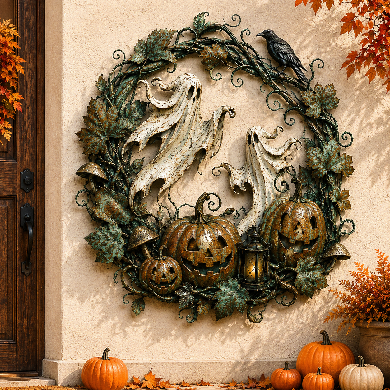 Ghost & Pumpkin Halloween Metal Wreath