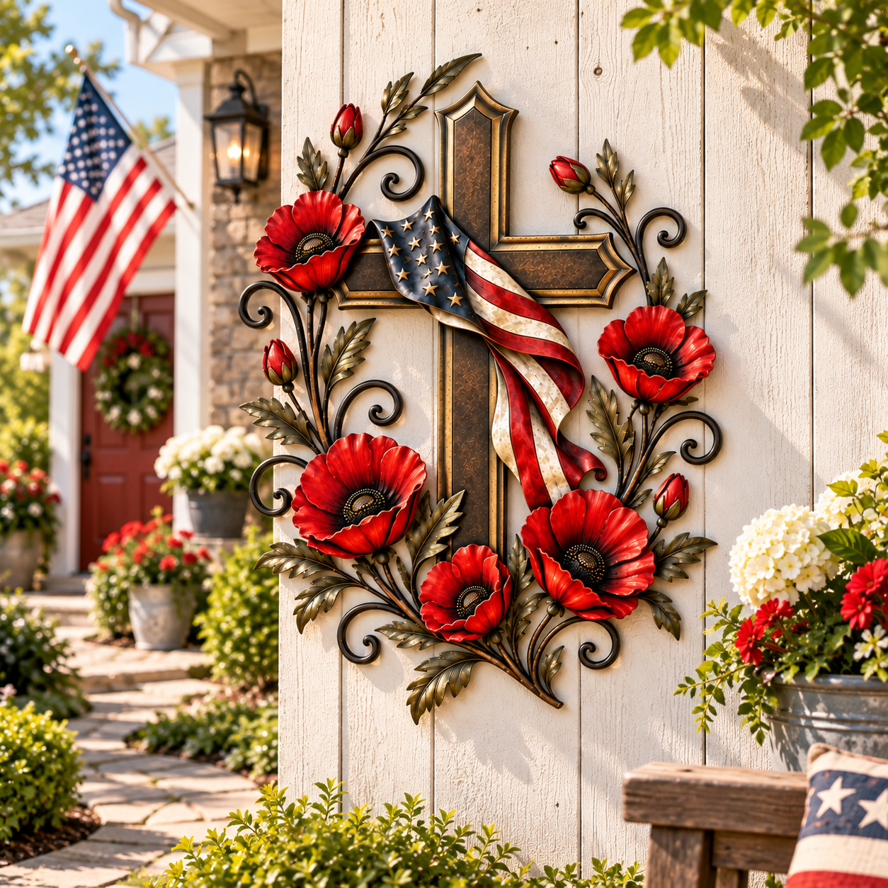 American Flag Cross & Red Poppy Metal Wall Decor
