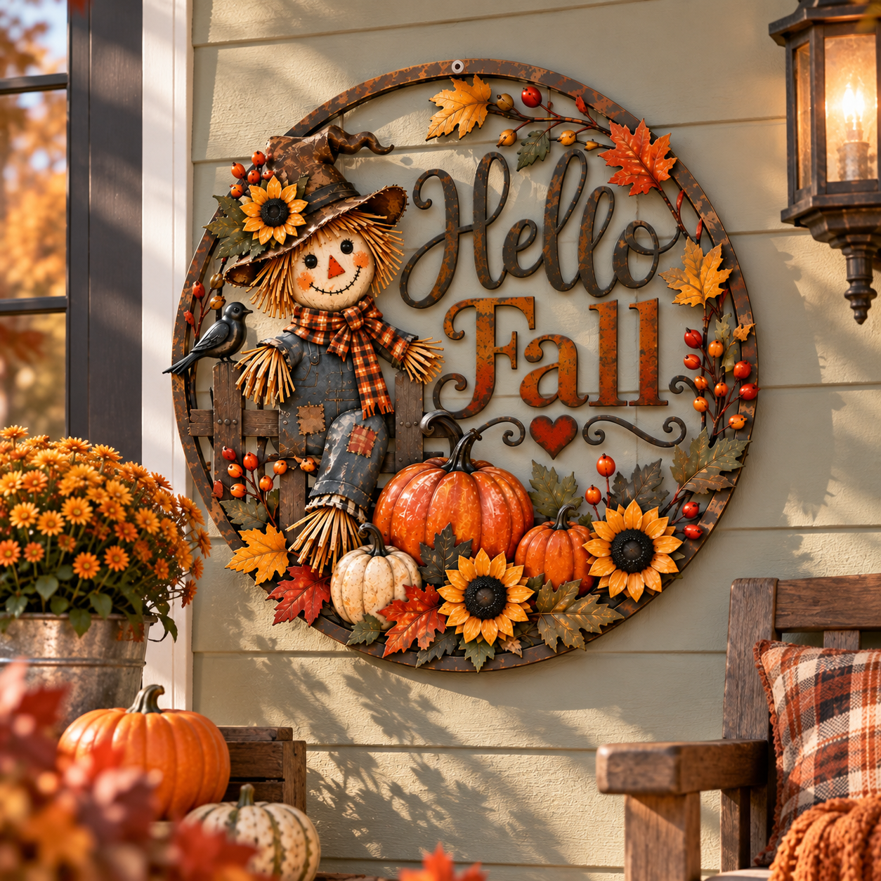 Hello Fall Scarecrow Metal Wall Decor