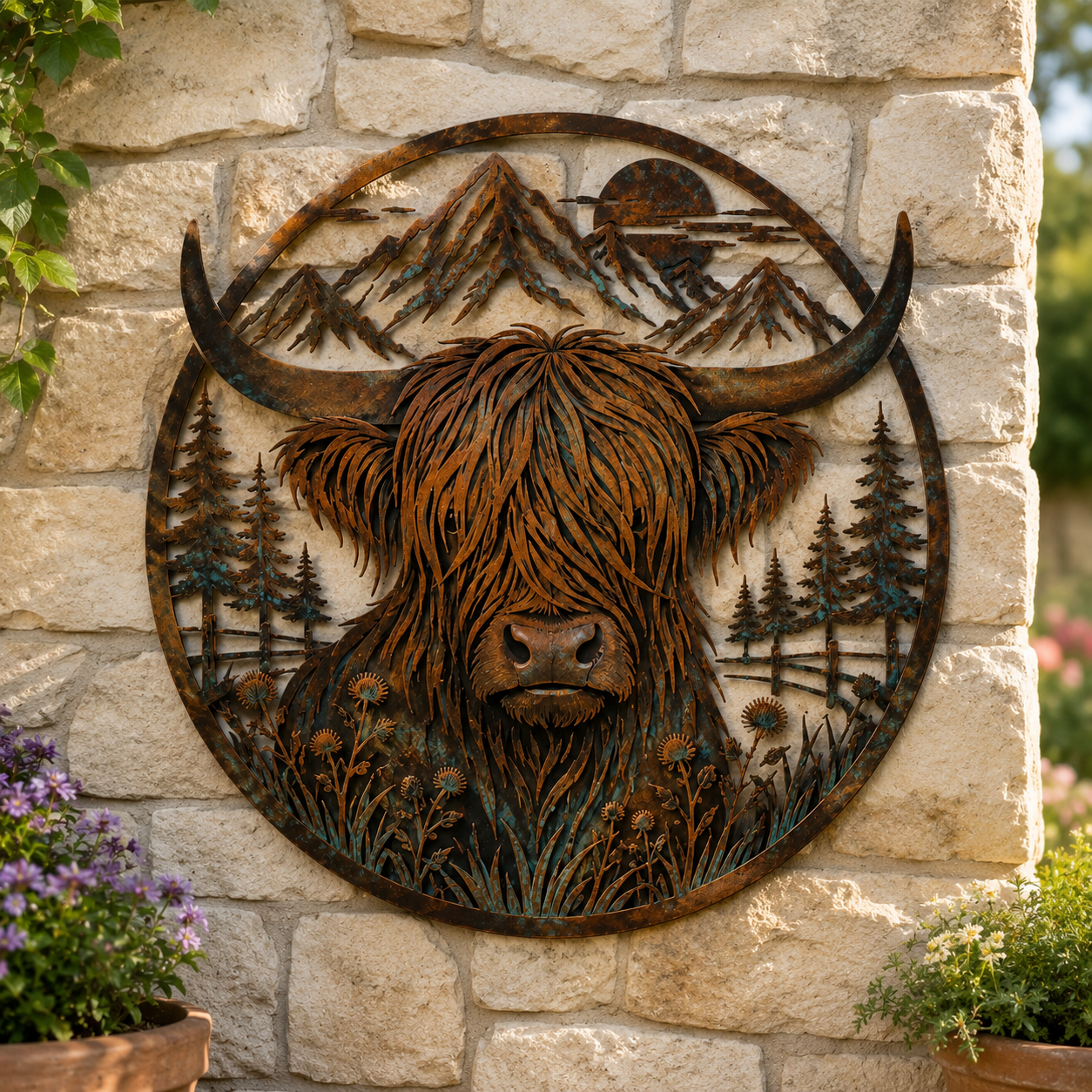 Highland Cow Mountain Metal Wall Decor