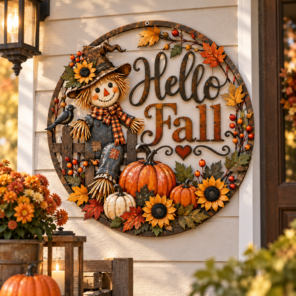 Hello Fall Scarecrow Metal Wall Decor
