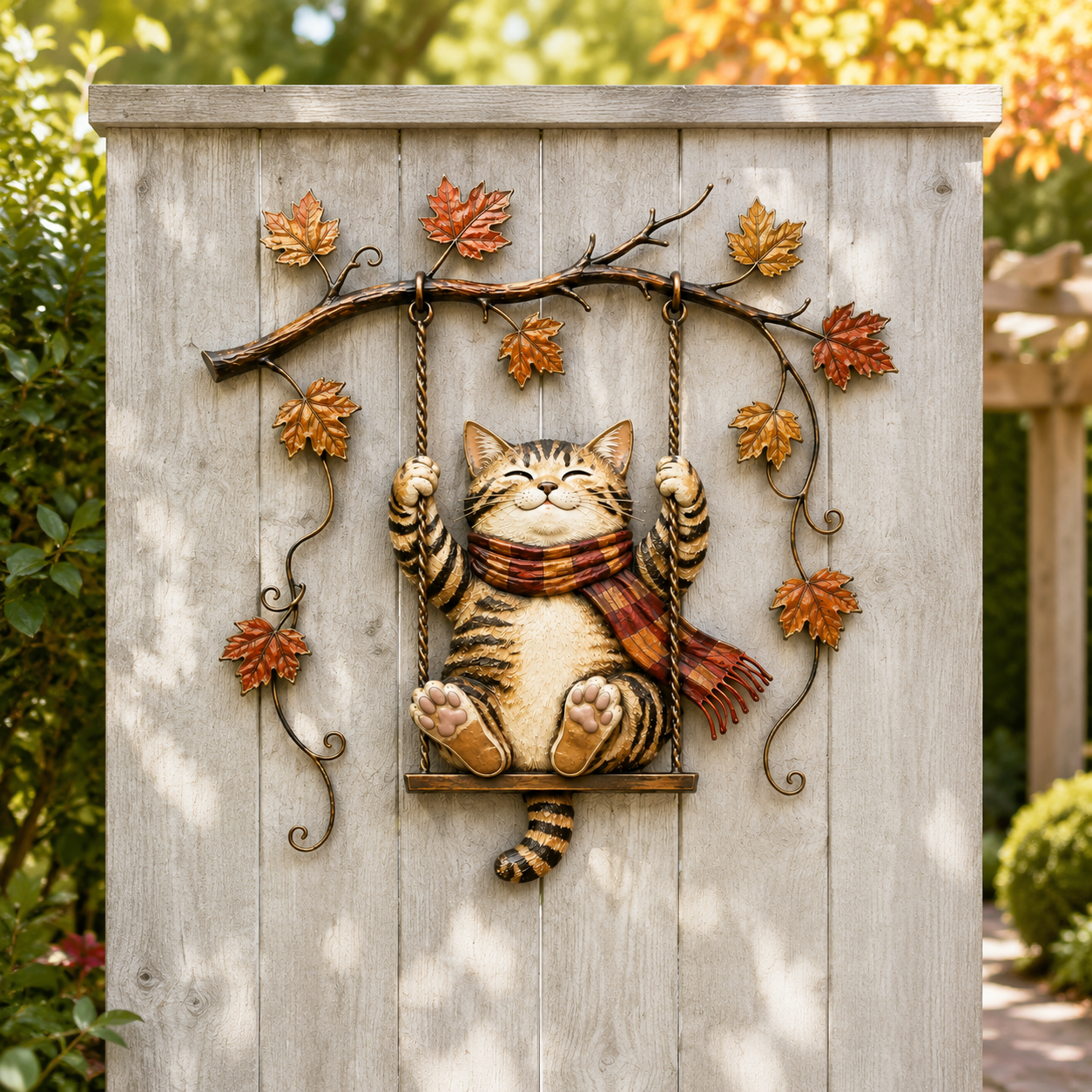 Autumn Cat Swing Metal Wall Decor