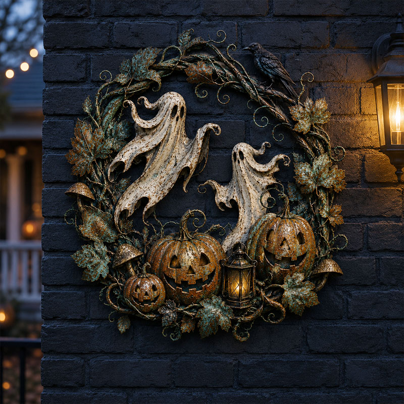 Ghost & Pumpkin Halloween Metal Wreath