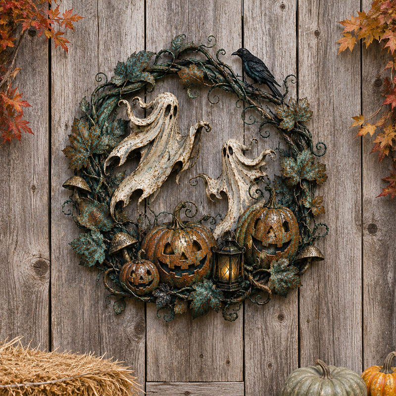 Ghost & Pumpkin Halloween Metal Wreath