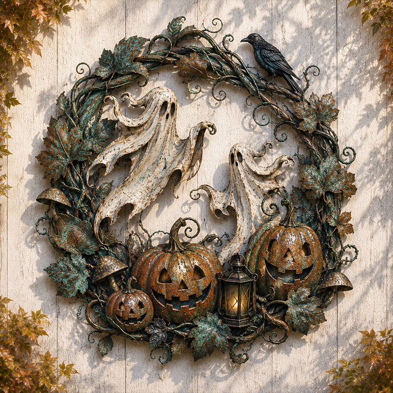 Ghost & Pumpkin Halloween Metal Wreath